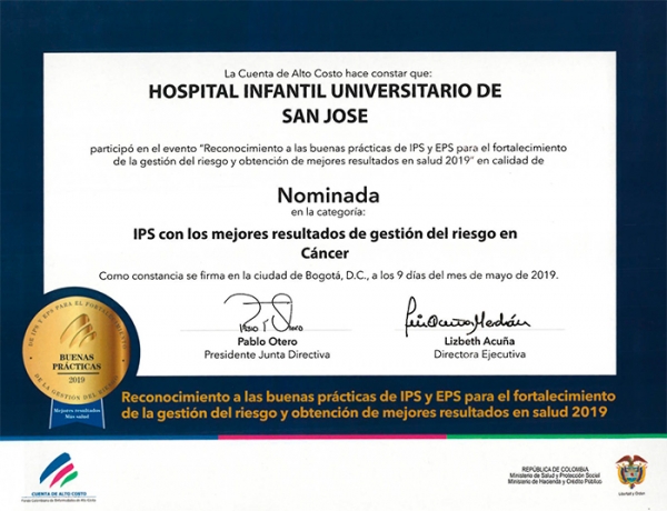 Hospital Infantil Universitario de San José recibe reconocimiento por su gestión del riesgo en cáncer